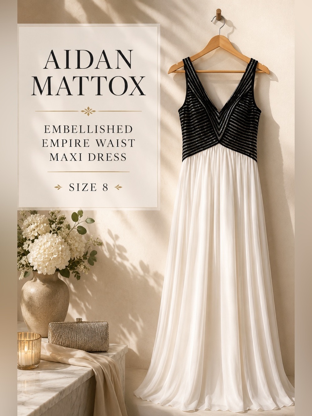 Aidan Mattox Embellished Empire Waist Maxi Dress White Black Size 8